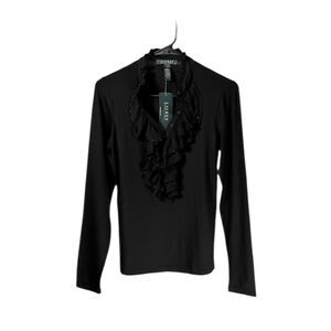 Ralph Lauren Women's Blouse Black Ruffle Stretch V-Neck Preppy Old Money Top S
